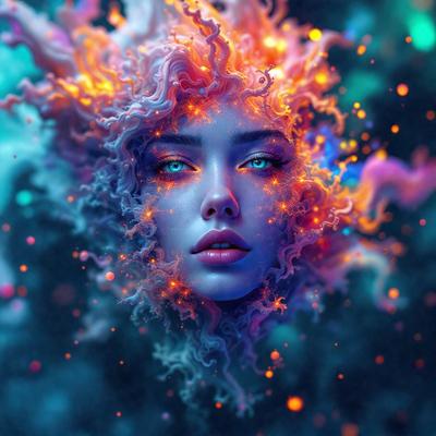 The primary subject of the image is a woman with blue eyes and a blue-green hair color. She is wearing a blue dress and has a blue-green hair color. The setting is a forest, with the woman standing in the middle of the scene. The visual style is digital art, and the colors and mood are vibrant and lively.